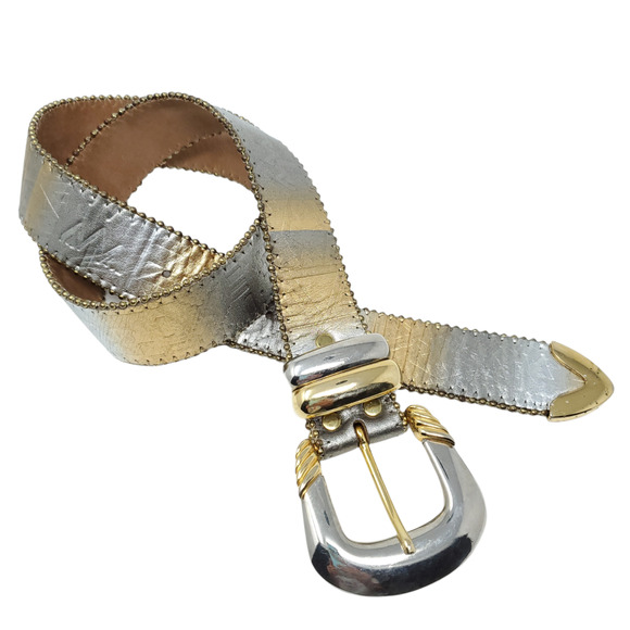 B.B.Simon Debossed Adjustable Belt XL Metallic Leather With Buckle Western - Picture 1 of 10